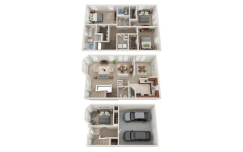 3D floor plan of a three-story house with a garage and laundry room on the lower level, kitchen, dining, and living areas on the middle level, and three bedrooms with bathrooms on the upper level.