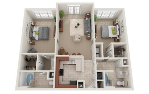 3D floor plan of a two-bedroom, two-bath apartment featuring a kitchen, dining area, living room, two bathrooms, closets, and large windows in each bedroom and living area. Furniture is neatly arranged throughout.