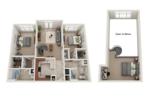 3D floor plan of a two-story apartment with two bedrooms, two bathrooms, a kitchen, and living room on the first floor; a spiral staircase leads to an upstairs loft area labeled Open to Below with an extra bedroom and workspace.