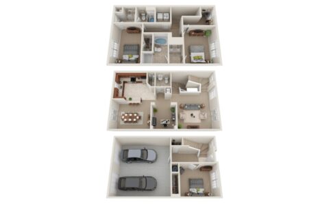 3D floor plan of a two-story house with an attached two-car garage, open kitchen, dining and living areas, three bedrooms, office space, laundry room, and multiple bathrooms. Neutral-colored furniture and decor throughout.
