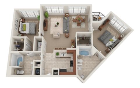 3D floor plan of a two-bedroom, one-bathroom apartment featuring a kitchen, dining area, living room, laundry area, and a small balcony. Bedrooms are on opposite sides, with shared bathroom and closets near the entry.