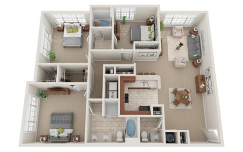 3D floor plan of a two-bedroom apartment with two bathrooms, a kitchen with a breakfast bar, a dining area, a living room, and a small office. The layout features modern furnishings and large windows throughout.
