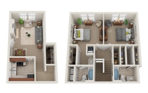 3D floor plan of a two-story apartment: downstairs has a living room, kitchen, dining area, and closet; upstairs has two bedrooms, a bathroom, closets, and a laundry/mechanical area. Each room is furnished and decorated.