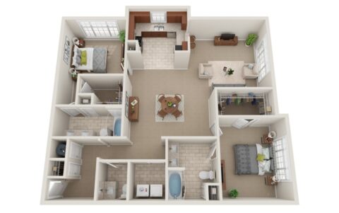 3D floor plan of a two-bedroom, two-bathroom apartment with a central living and dining area, kitchen, laundry room, and two bedrooms, each with an attached bathroom. Furniture is arranged in each room.