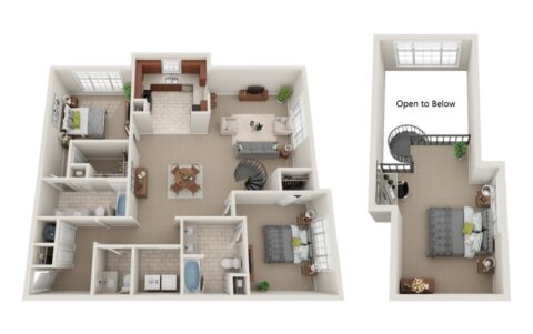 3D floor plan showing a two-story apartment with three bedrooms, two bathrooms, kitchen, dining and living areas, spiral staircase, and an upper loft space labeled Open to Below.