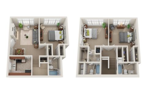 3D floor plan of a two-story apartment with two bedrooms, two bathrooms, a kitchen, dining area, living room, and storage spaces. Bedrooms are on both floors; stairs are near the entrance and living area.