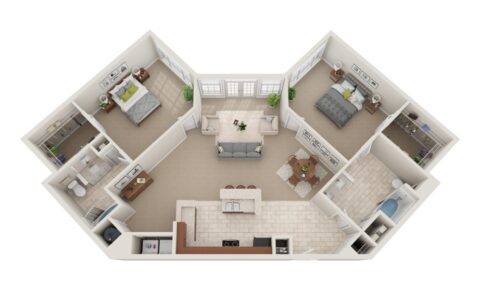 3D floor plan of a two-bedroom, two-bath apartment with an open kitchen, dining, and living area, a laundry room, and large windows in the living space and both bedrooms. Neutral color palette throughout.