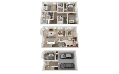 3D floor plan of a three-story house featuring a garage, laundry room, and storage on the bottom level, living and dining areas with kitchen in the middle, and bedrooms and bathrooms on the top floor.