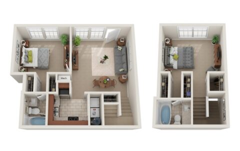 3D floor plan of a two-story apartment with two bedrooms, two bathrooms, a living room, kitchen, dining area, and stairs connecting both floors. Bedrooms and one bathroom are upstairs; living areas and second bathroom are downstairs.