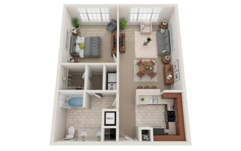 3D floor plan of a one-bedroom apartment featuring a bedroom, bathroom, walk-in closet, open kitchen with a breakfast bar, dining area, living room, laundry closet, and large windows in the living and bedroom areas.