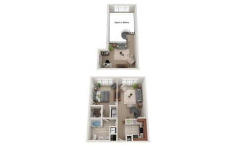 A 3D floor plan of a two-story apartment featuring a kitchen, living room, two bedrooms, two bathrooms, laundry area downstairs, and an upstairs loft area open to below with a spiral staircase connecting the levels.