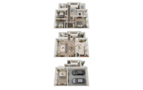 3D floor plan of a three-story house showing a garage and storage on the bottom level, living and kitchen areas in the middle, and bedrooms and bathrooms on the top two levels.