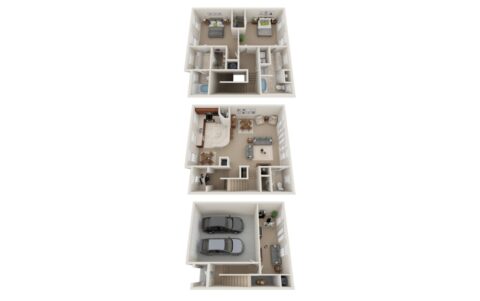 3D floor plan of a three-story house showing a garage and utility room on the first floor, living and dining areas on the second floor, and two bedrooms with bathrooms on the third floor.