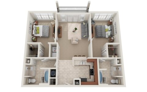 3D floor plan of a two-bedroom apartment featuring two bathrooms, a central living room, a kitchen with a bar, and a balcony. Bedrooms are on opposite sides, each with closets and access to their own bathrooms.