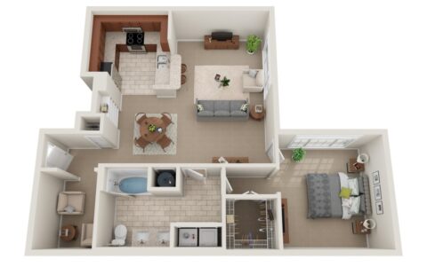 3D floor plan of a one-bedroom apartment featuring a kitchen, dining area, living room, bathroom, laundry area, and bedroom with a walk-in closet. Neutral colors and modern furnishings are used throughout.