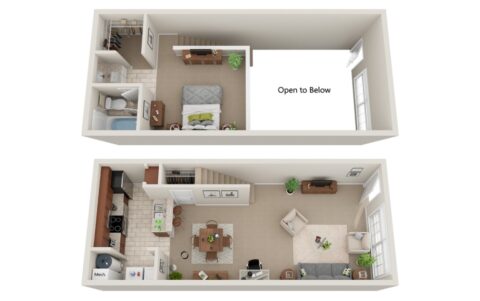 3D floor plan of a two-story apartment with an open-to-below area. The first floor has a kitchen, dining area, living room, and bathroom. Upstairs has a bedroom, bathroom, desk area, and open space overlooking the living room.
