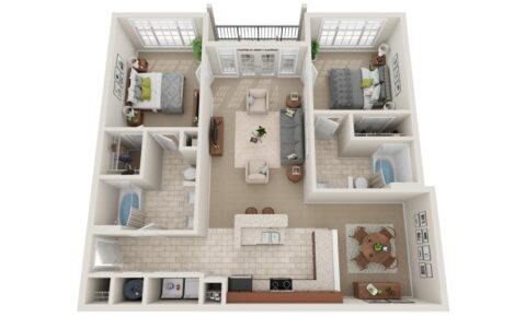 3D floor plan of a two-bedroom, two-bathroom apartment featuring a kitchen, dining area, living room, laundry area, and balcony. Both bedrooms have closets; one has an en suite bathroom. Neutral decor and large windows throughout.