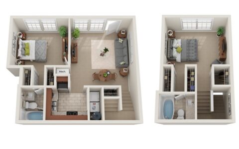 3D floor plan of a two-story apartment with two bedrooms, two bathrooms, a kitchen, living room, dining area, and two staircases, showing furniture and layout. Upper and lower floors are displayed side by side.