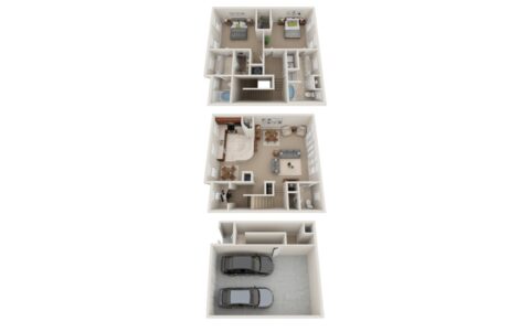 3D floor plan of a three-story house showing a two-car garage on the bottom level, living and dining areas in the middle, and multiple bedrooms and bathrooms on the top floor.