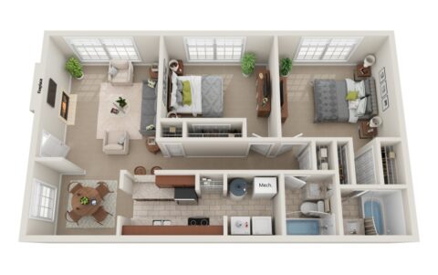 3D floor plan of a two-bedroom apartment with a living room, kitchen, dining area, bathroom, and bedrooms. Furniture and decor are arranged, showing windows and doors in each room.