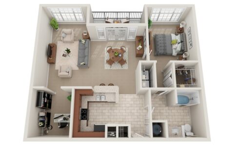 3D floor plan of a one-bedroom apartment featuring a kitchen, dining area, living room, bathroom, laundry room, small office, bedroom, balcony, and large windows in the living room and bedroom.