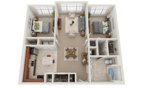 3D floor plan of a two-bedroom apartment featuring a living room, kitchen with dining area, bathroom, and two bedrooms. Large windows line the living room and bedrooms, with furniture and decor visible throughout.