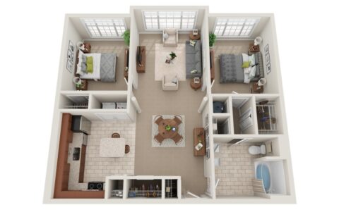 3D floor plan of a two-bedroom apartment with a shared living room, kitchen, dining area, one bathroom, and large windows in the living room and bedrooms. Bedrooms are on opposite sides of the living area.