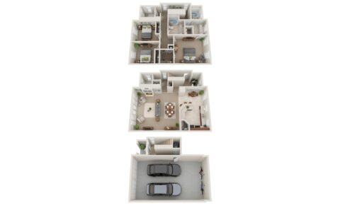 3D floor plan of a three-story house with a garage for two cars on the ground floor, living and dining areas on the second floor, and bedrooms and bathrooms on the third floor.