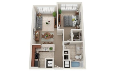 3D floor plan of a one-bedroom apartment showing a kitchen, dining area, living room, bedroom, bathroom, walk-in closet, and laundry area with washer/dryer. Large windows are in the living room and bedroom.
