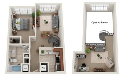 3D floor plan of a two-story apartment featuring a bedroom, bathroom, kitchen, living area, and laundry on the first floor, with an open loft-style space and spiral staircase on the second floor.