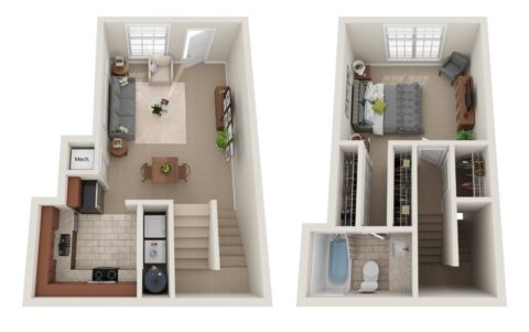 3D floor plan of a two-story apartment showing a living room, kitchen, and dining area on the first floor, and a bedroom, bathroom, and closet on the second floor. Stairs connect both levels.