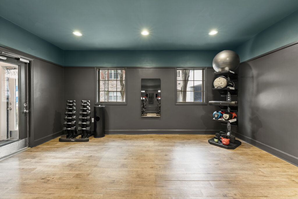 A home gym with a dumbbell rack on the left and a weight storage rack holding medicine balls, kettlebells, and yoga mats on the right.