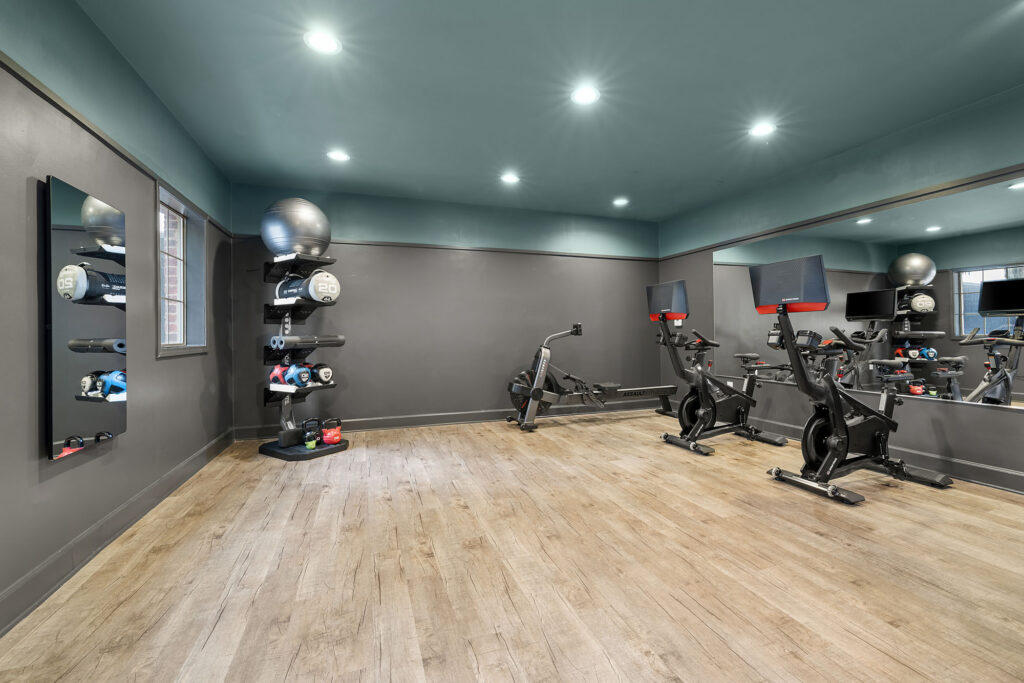 A home gym with a rack of medicine balls and kettlebells, a rowing machine, and two stationary bikes in front of a mirrored wall.